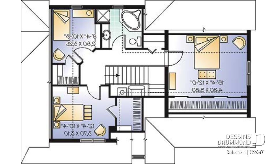 Étage - Plan de maison de champêtre, 3 grandes chambres, garage, salle à manger tout en lumière, maison abordable - Celeste 4