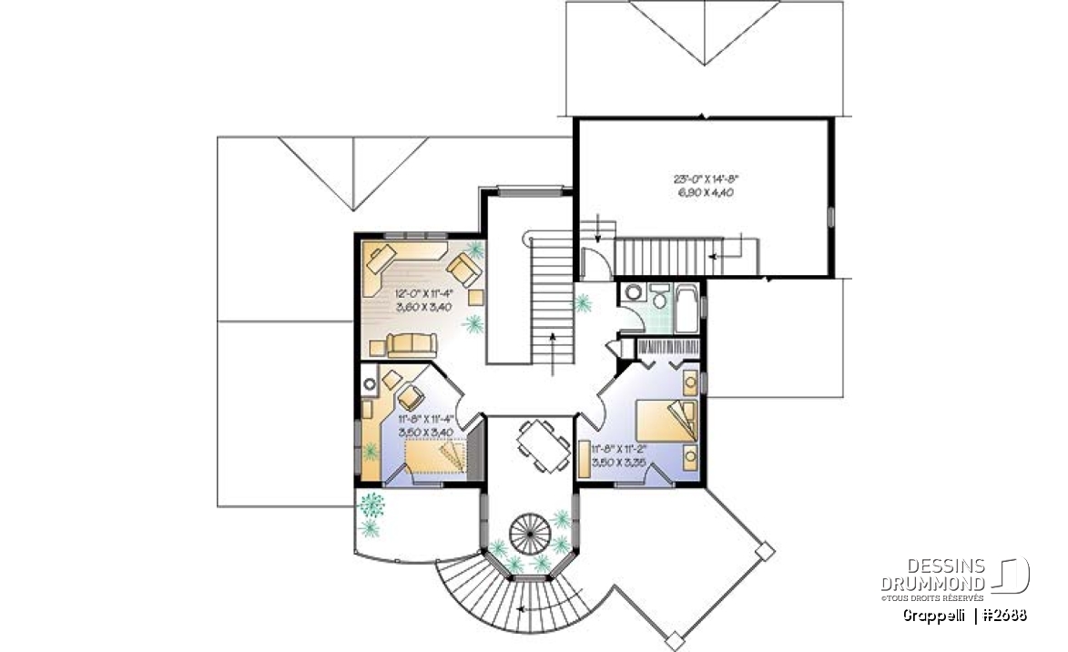 Étage - Plan de maison lumineuse, 3 à 4 chambres, garage double avec pièce boni, superbe tourelle, foyer - Grappelli 