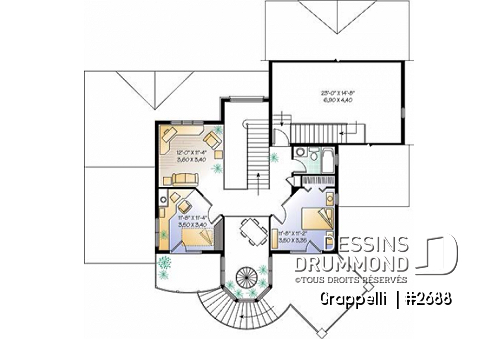 Étage - Plan de maison lumineuse, 3 à 4 chambres, garage double avec pièce boni, superbe tourelle, foyer - Grappelli 