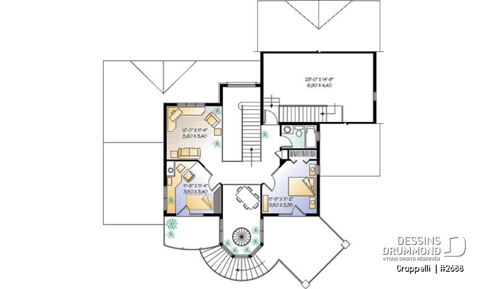 Étage - Plan de maison lumineuse, 3 à 4 chambres, garage double avec pièce boni, superbe tourelle, foyer - Grappelli 