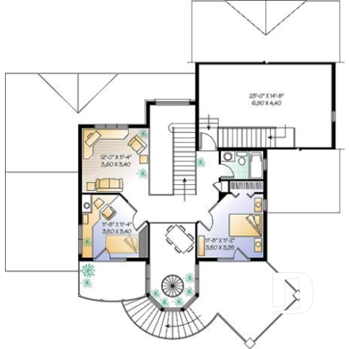 Étage - Plan de maison lumineuse, 3 à 4 chambres, garage double avec pièce boni, superbe tourelle, foyer - Grappelli 