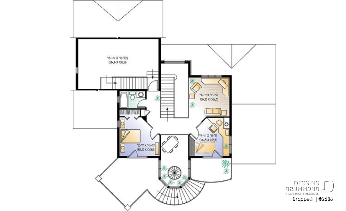 Étage - Plan de maison lumineuse, 3 à 4 chambres, garage double avec pièce boni, superbe tourelle, foyer - Grappelli 