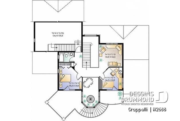 Étage - Plan de maison lumineuse, 3 à 4 chambres, garage double avec pièce boni, superbe tourelle, foyer - Grappelli 