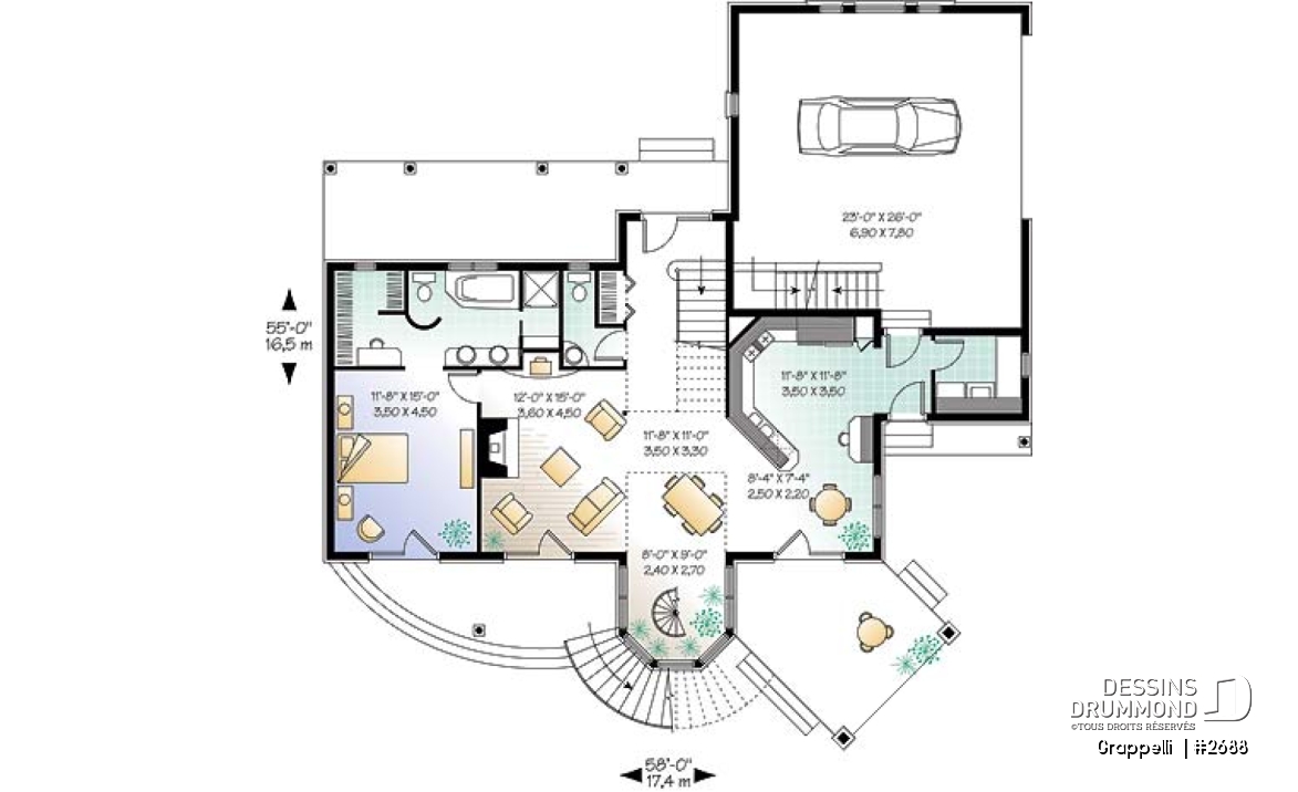 Rez-de-chaussée - Plan de maison lumineuse, 3 à 4 chambres, garage double avec pièce boni, superbe tourelle, foyer - Grappelli 