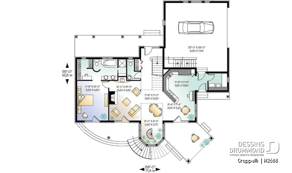 Rez-de-chaussée - Plan de maison lumineuse, 3 à 4 chambres, garage double avec pièce boni, superbe tourelle, foyer - Grappelli 