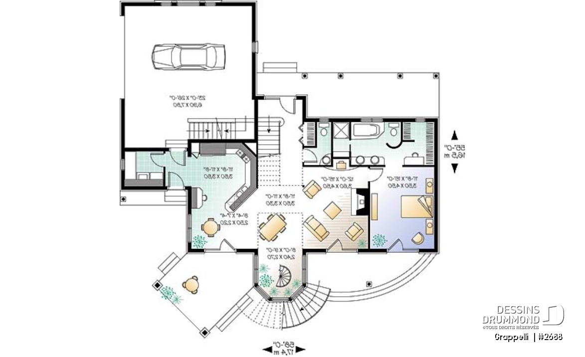 Rez-de-chaussée - Plan de maison lumineuse, 3 à 4 chambres, garage double avec pièce boni, superbe tourelle, foyer - Grappelli 