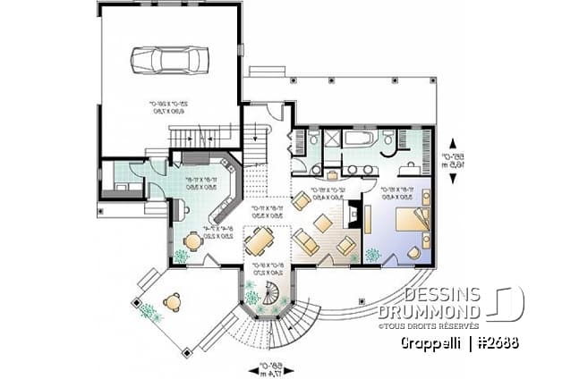 Rez-de-chaussée - Plan de maison lumineuse, 3 à 4 chambres, garage double avec pièce boni, superbe tourelle, foyer - Grappelli 