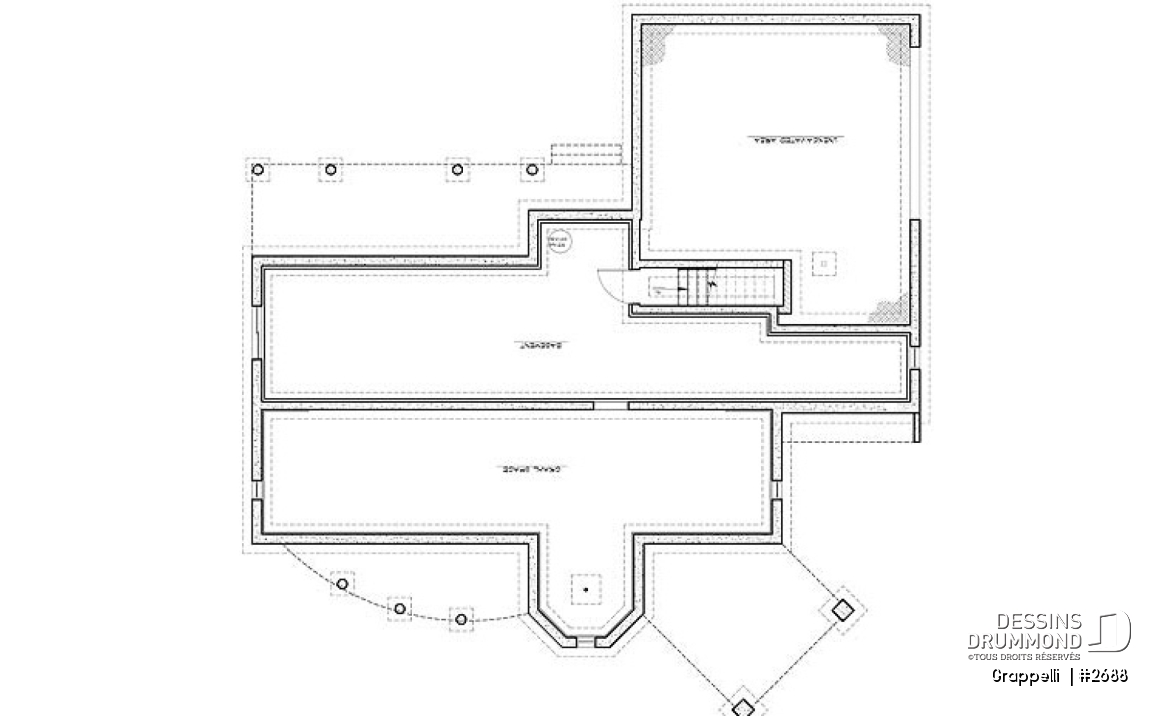 Sous-sol - Plan de maison lumineuse, 3 à 4 chambres, garage double avec pièce boni, superbe tourelle, foyer - Grappelli 