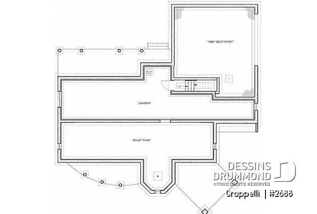 Sous-sol - Plan de maison lumineuse, 3 à 4 chambres, garage double avec pièce boni, superbe tourelle, foyer - Grappelli 