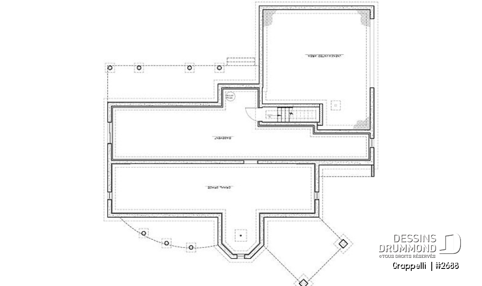 Sous-sol - Plan de maison lumineuse, 3 à 4 chambres, garage double avec pièce boni, superbe tourelle, foyer - Grappelli 