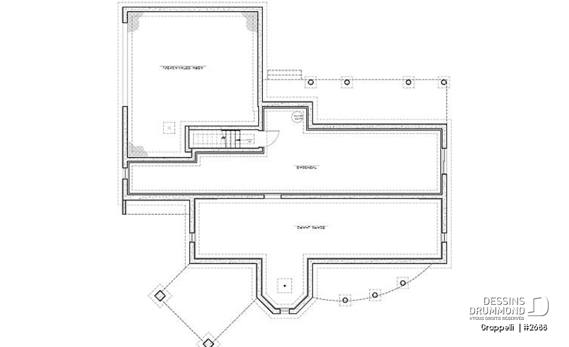 Sous-sol - Plan de maison lumineuse, 3 à 4 chambres, garage double avec pièce boni, superbe tourelle, foyer - Grappelli 