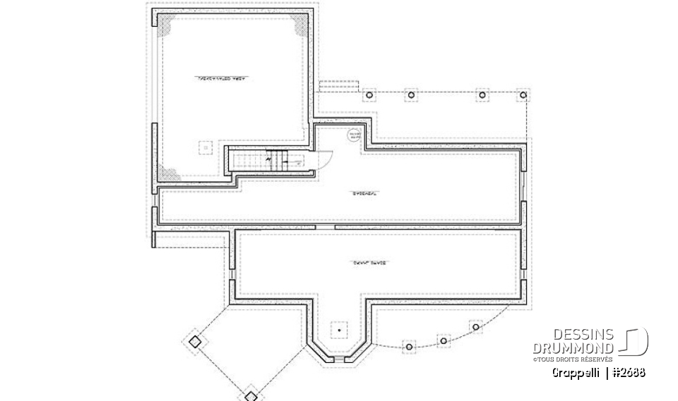 Sous-sol - Plan de maison lumineuse, 3 à 4 chambres, garage double avec pièce boni, superbe tourelle, foyer - Grappelli 