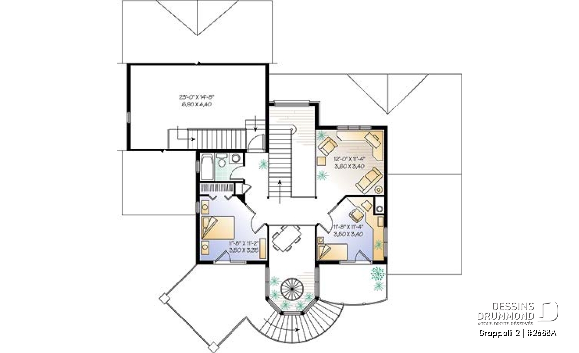 Étage - Plan de maison avec vue panoramique, 3 à 4 chambres, champêtre avec grand espace boni, garage double - Grappelli 2