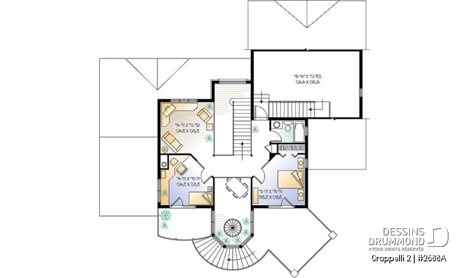 Étage - Plan de maison avec vue panoramique, 3 à 4 chambres, champêtre avec grand espace boni, garage double - Grappelli 2