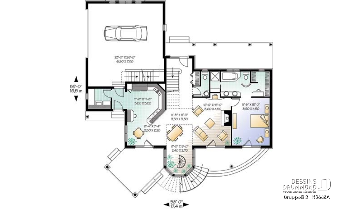 Rez-de-chaussée - Plan de maison avec vue panoramique, 3 à 4 chambres, champêtre avec grand espace boni, garage double - Grappelli 2