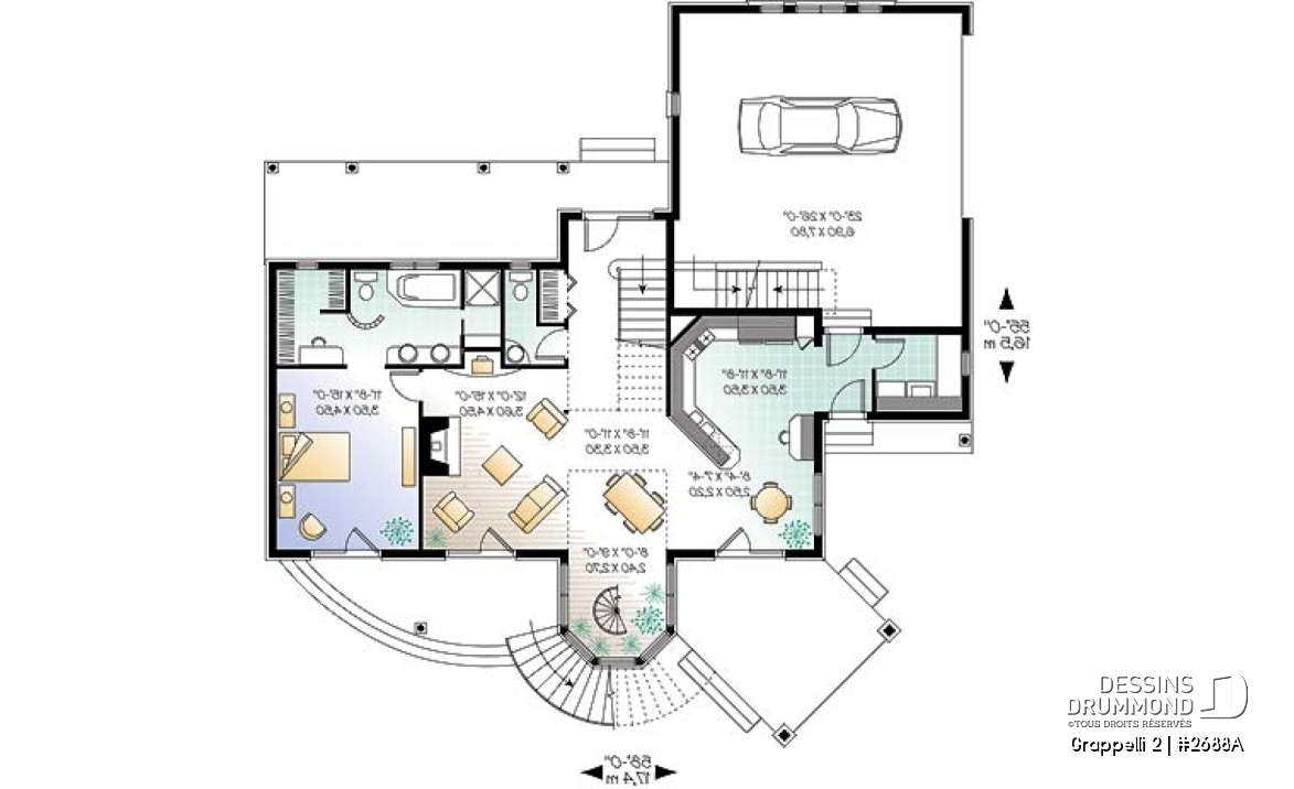 Rez-de-chaussée - Plan de maison avec vue panoramique, 3 à 4 chambres, champêtre avec grand espace boni, garage double - Grappelli 2