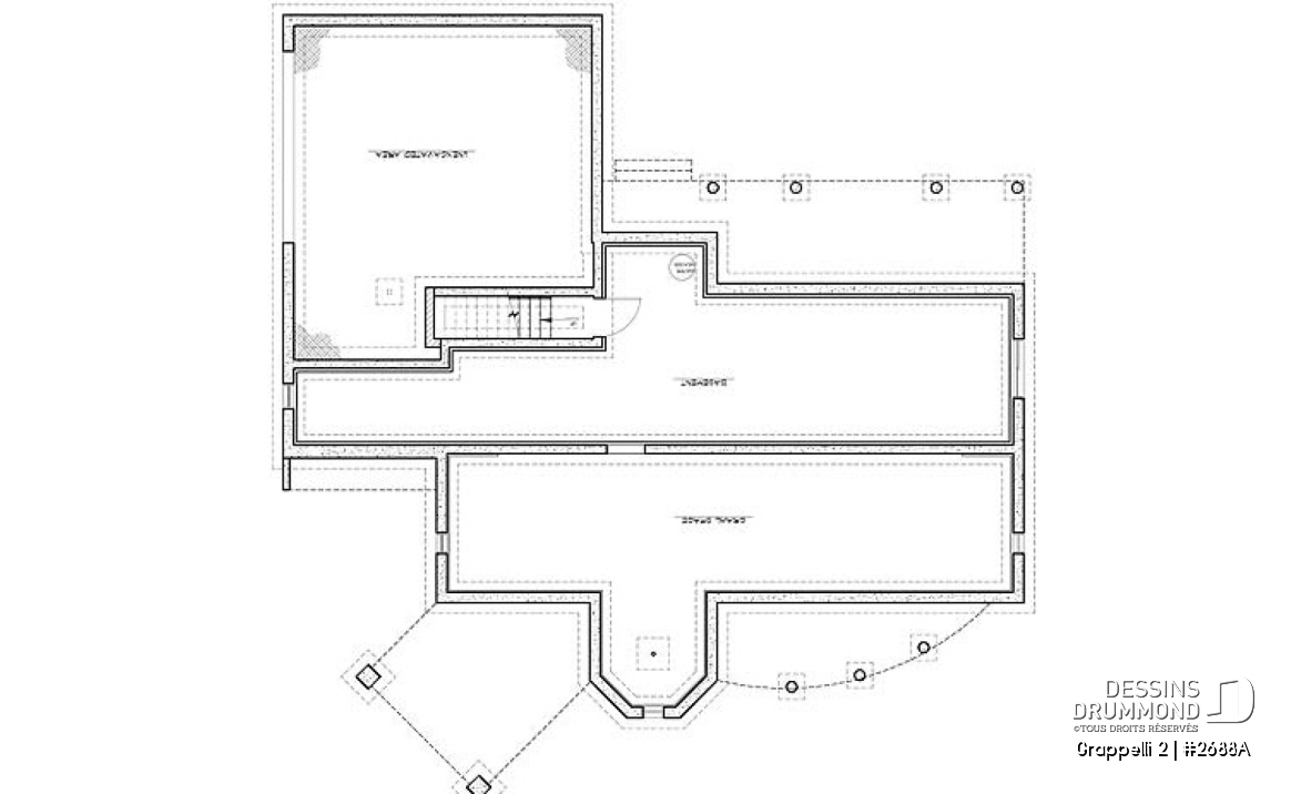 Sous-sol - Plan de maison avec vue panoramique, 3 à 4 chambres, champêtre avec grand espace boni, garage double - Grappelli 2