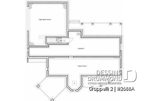 Sous-sol - Plan de maison avec vue panoramique, 3 à 4 chambres, champêtre avec grand espace boni, garage double - Grappelli 2