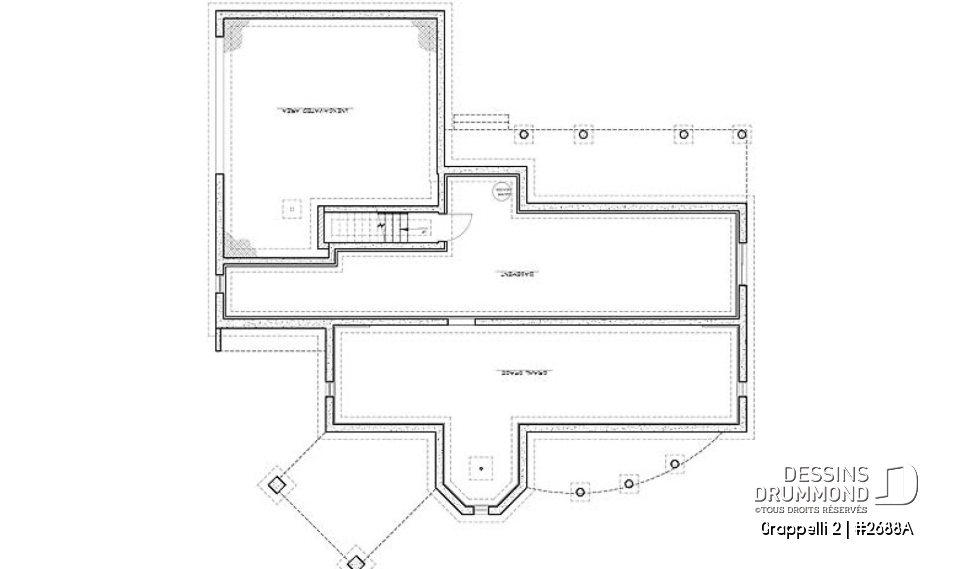 Sous-sol - Plan de maison avec vue panoramique, 3 à 4 chambres, champêtre avec grand espace boni, garage double - Grappelli 2