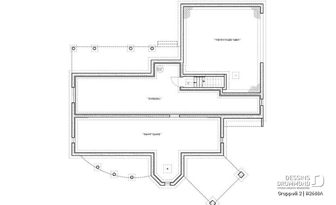 Sous-sol - Plan de maison avec vue panoramique, 3 à 4 chambres, champêtre avec grand espace boni, garage double - Grappelli 2