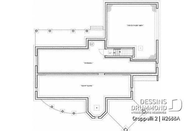 Sous-sol - Plan de maison avec vue panoramique, 3 à 4 chambres, champêtre avec grand espace boni, garage double - Grappelli 2