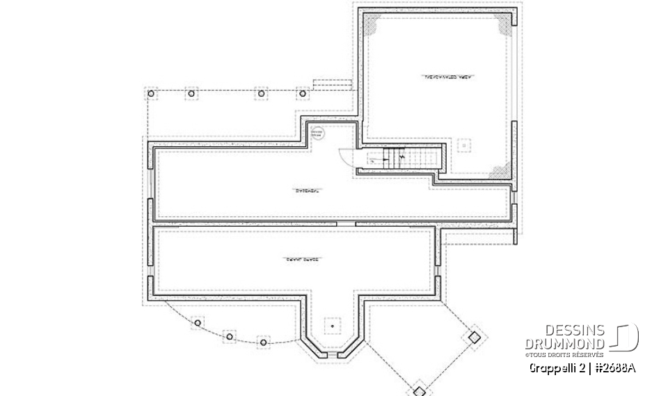 Sous-sol - Plan de maison avec vue panoramique, 3 à 4 chambres, champêtre avec grand espace boni, garage double - Grappelli 2