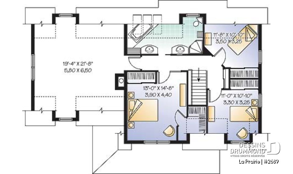 Étage - Plan de maison de campagne avec garage double, 3+ chambres, bureau à domicile et grand espace boni - La Prairie