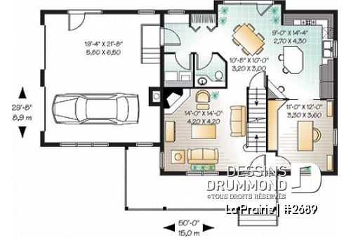Rez-de-chaussée - Plan de maison de campagne avec garage double, 3+ chambres, bureau à domicile et grand espace boni - La Prairie