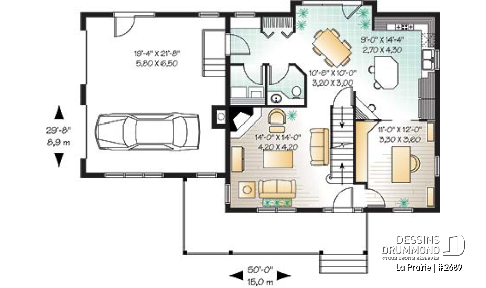 Rez-de-chaussée - Plan de maison de campagne avec garage double, 3+ chambres, bureau à domicile et grand espace boni - La Prairie
