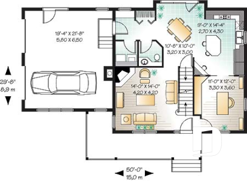 Rez-de-chaussée - Plan de maison de campagne avec garage double, 3+ chambres, bureau à domicile et grand espace boni - La Prairie