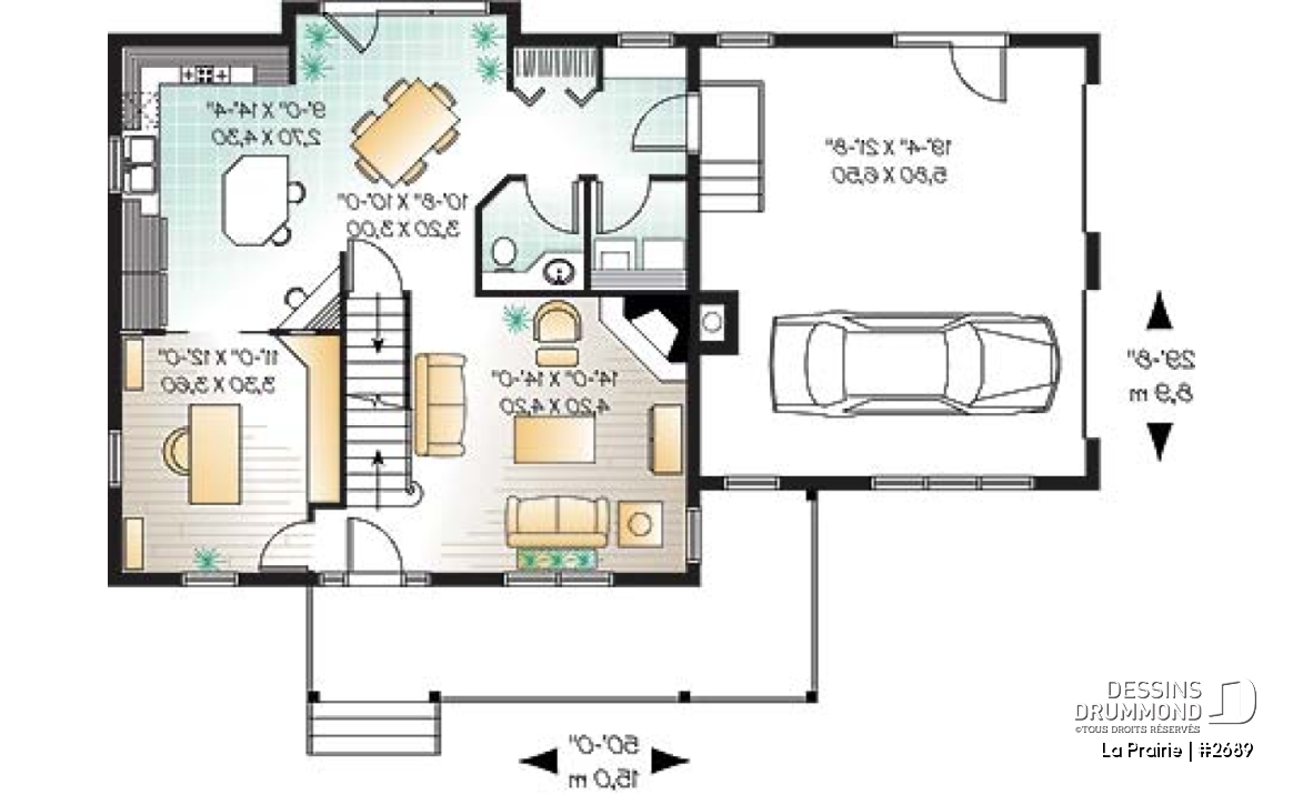 Rez-de-chaussée - Plan de maison de campagne avec garage double, 3+ chambres, bureau à domicile et grand espace boni - La Prairie