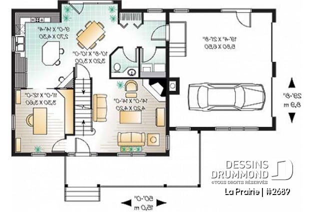 Rez-de-chaussée - Plan de maison de campagne avec garage double, 3+ chambres, bureau à domicile et grand espace boni - La Prairie