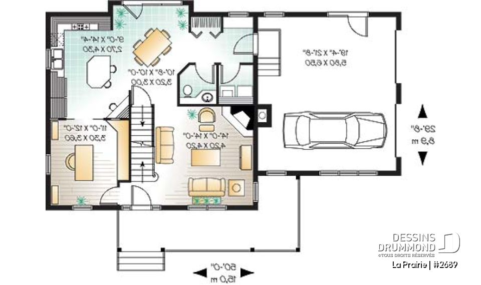 Rez-de-chaussée - Plan de maison de campagne avec garage double, 3+ chambres, bureau à domicile et grand espace boni - La Prairie