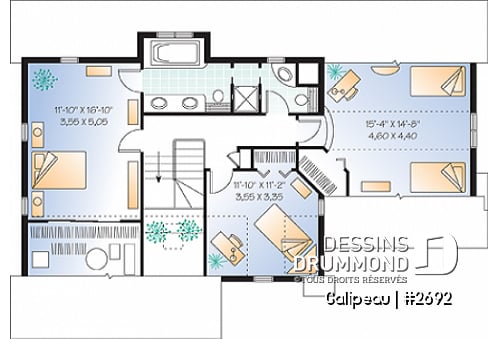 Étage - Plan de maison traditionnelle, grande cuisine avec îlot, 3 ch., bureau à domicile, suite des maîtres - Galipeau