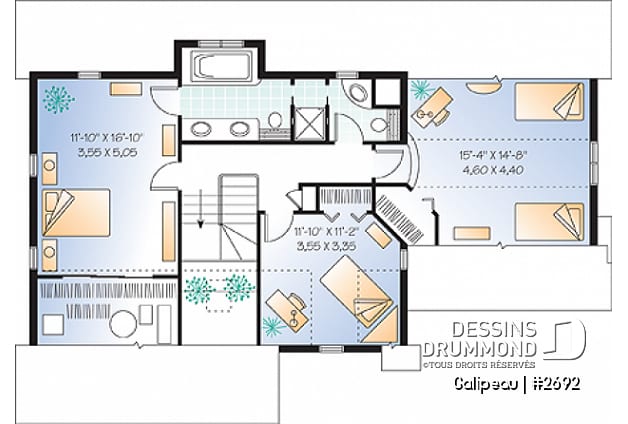 Étage - Plan de maison traditionnelle, grande cuisine avec îlot, 3 ch., bureau à domicile, suite des maîtres - Galipeau