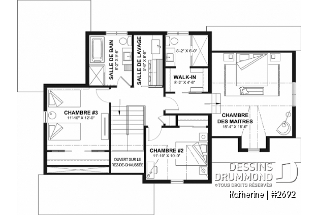 Étage - Plan de maison Farmhouse Moderne proposant pierre Maibec Acenta Katherine, 3 chambres et garage - Katherine