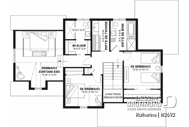 Étage du plan de maison unifamiliale 2692 Étage - Plan de maison Farmhouse Moderne proposant pierre Maibec Acenta Katherine, 3 chambres et garage - Katherine
