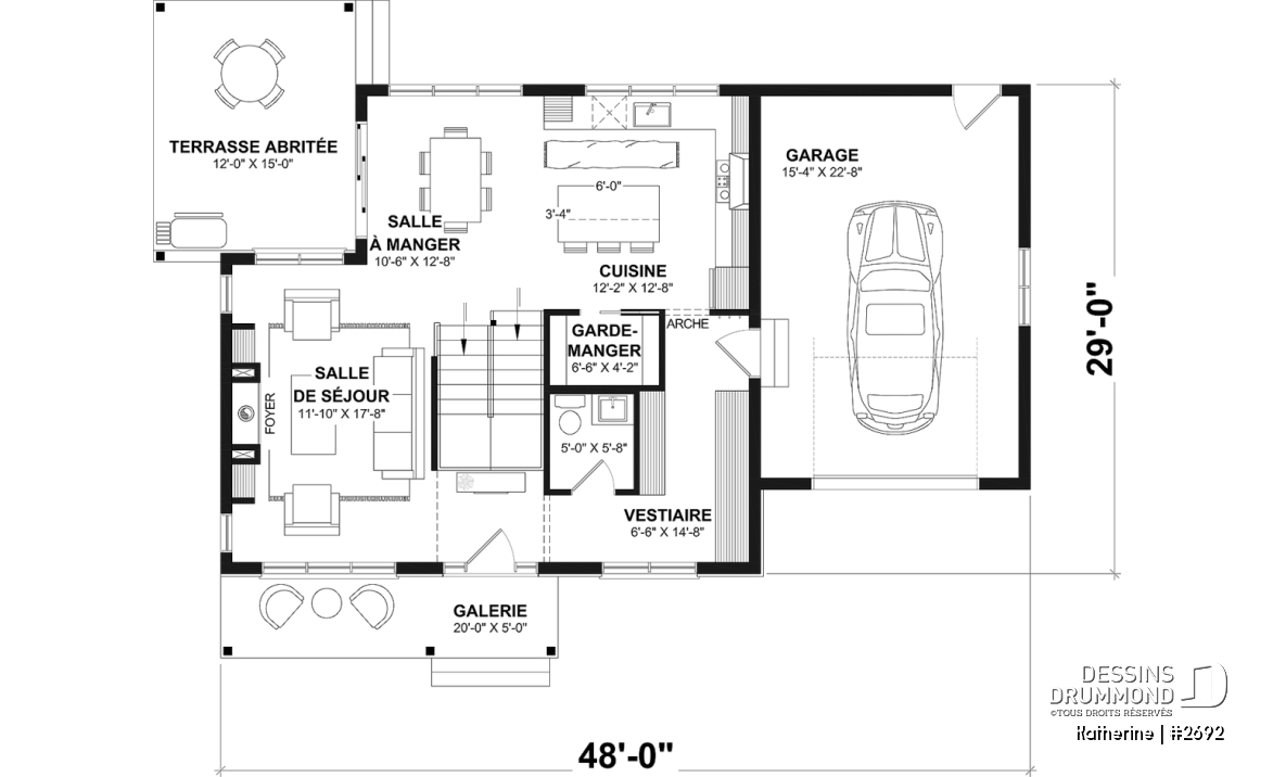 Rez-de-chaussée - Plan de maison Farmhouse Moderne proposant pierre Maibec Acenta Katherine, 3 chambres et garage - Katherine