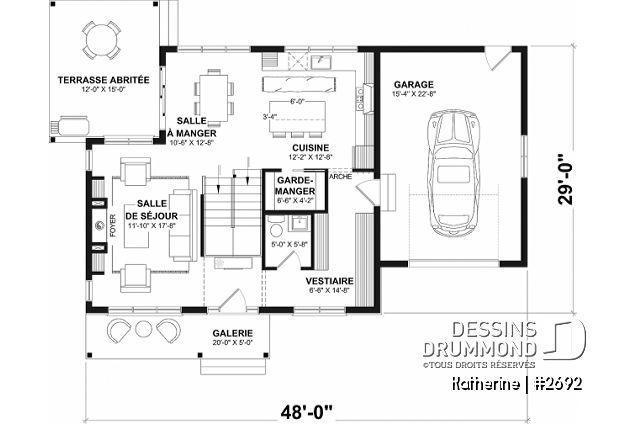 Rez-de-chaussée - Plan de maison Farmhouse Moderne proposant pierre Maibec Acenta Katherine, 3 chambres et garage - Katherine