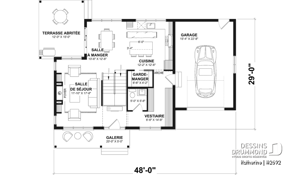 Rez-de-chaussée - Plan de maison Farmhouse Moderne proposant pierre Maibec Acenta Katherine, 3 chambres et garage - Katherine