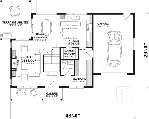 Rez-de-chaussée - Plan de maison Farmhouse Moderne proposant pierre Maibec Acenta Katherine, 3 chambres et garage - Katherine