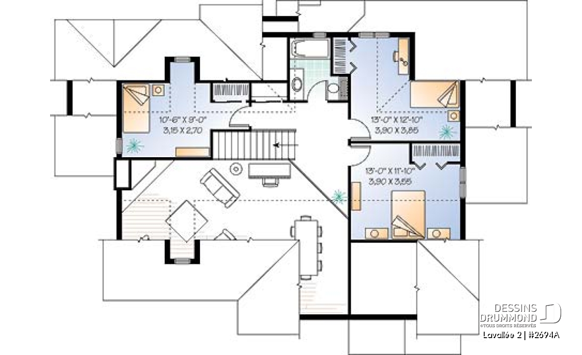 Étage - Plan de maison champêtre vue panoramique, chambre des maîtres au r-d-c, 4 chambres, espace ouvert, garage doub - Lavallée 2