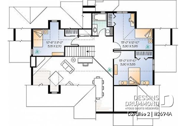 Étage - Plan de maison champêtre vue panoramique, chambre des maîtres au r-d-c, 4 chambres, espace ouvert, garage doub - Lavallée 2