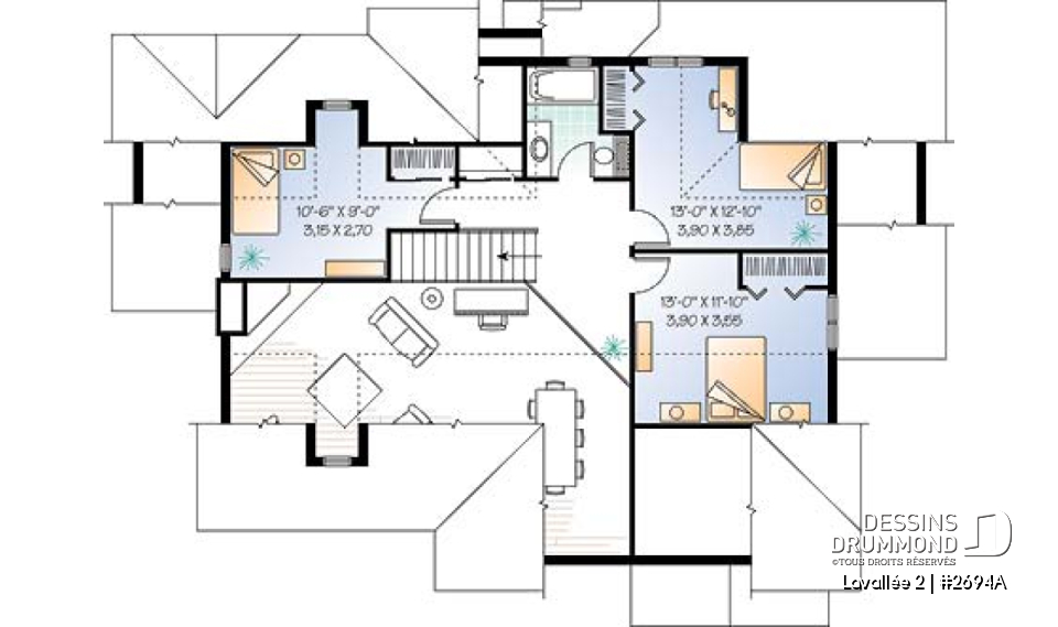 Étage - Plan de maison champêtre vue panoramique, chambre des maîtres au r-d-c, 4 chambres, espace ouvert, garage doub - Lavallée 2