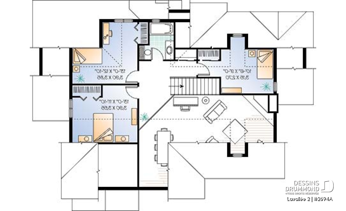 Étage - Plan de maison champêtre vue panoramique, chambre des maîtres au r-d-c, 4 chambres, espace ouvert, garage doub - Lavallée 2