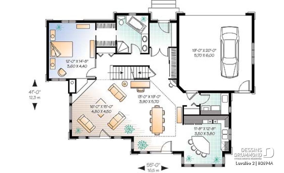Rez-de-chaussée - Plan de maison champêtre vue panoramique, chambre des maîtres au r-d-c, 4 chambres, espace ouvert, garage doub - Lavallée 2
