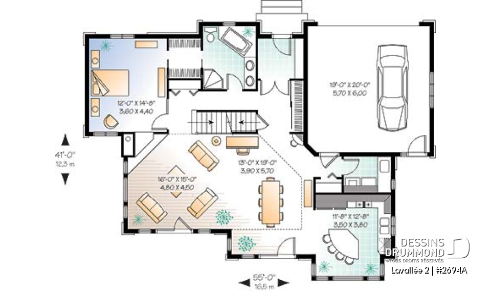 Rez-de-chaussée - Plan de maison champêtre vue panoramique, chambre des maîtres au r-d-c, 4 chambres, espace ouvert, garage doub - Lavallée 2