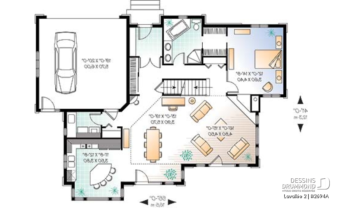 Rez-de-chaussée - Plan de maison champêtre vue panoramique, chambre des maîtres au r-d-c, 4 chambres, espace ouvert, garage doub - Lavallée 2