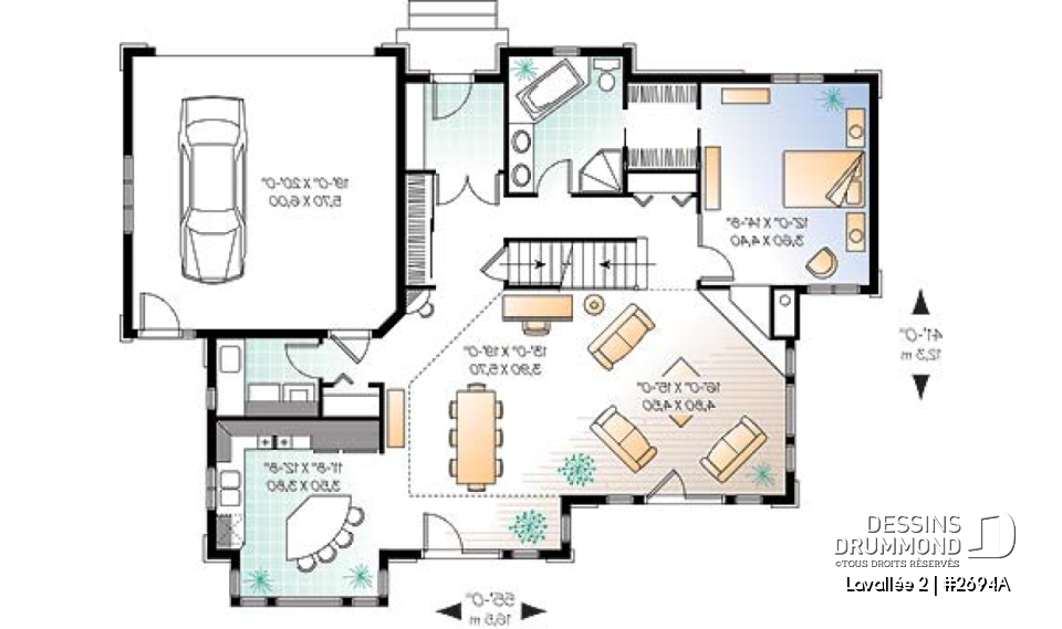Rez-de-chaussée - Plan de maison champêtre vue panoramique, chambre des maîtres au r-d-c, 4 chambres, espace ouvert, garage doub - Lavallée 2