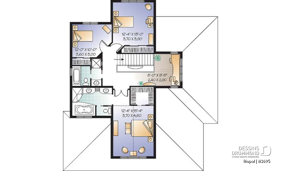 Étage - Maison de style méditerranéen, aire ouverte, foyer central, 3 chambre, garage double et bureau - Riopel